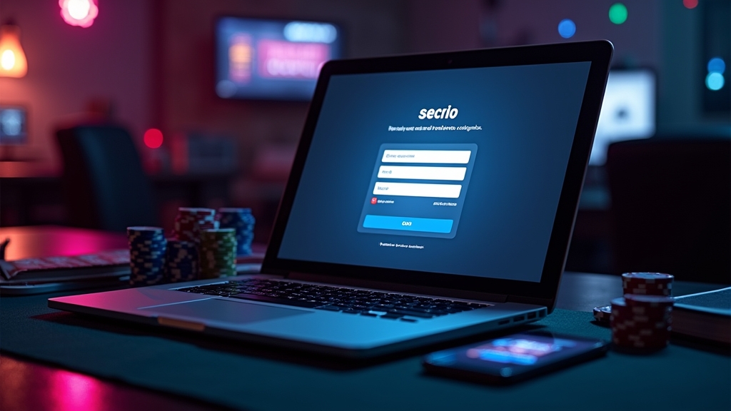 Pantalla de acceso en laptop y móvil en un entorno de casino oscuro y moderno.