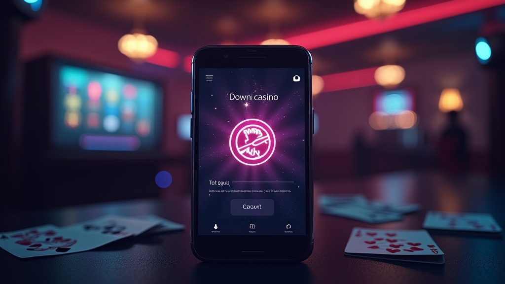 Teléfono con la descarga de la app de casino en un ambiente oscuro y neón