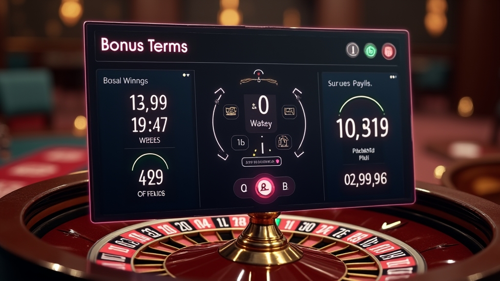 Panel de condiciones de apuesta con ruleta y tragamonedas de fondo