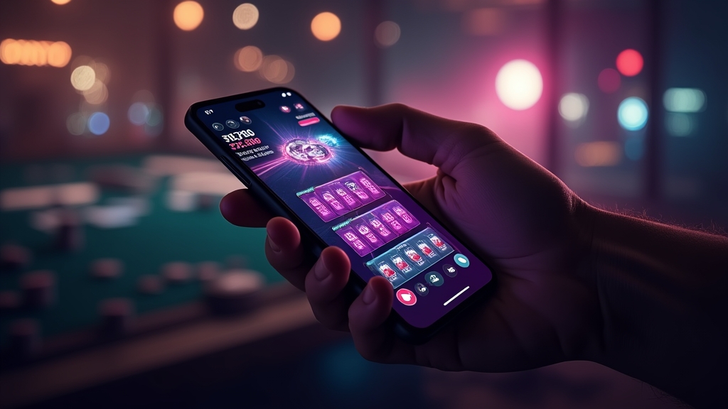 Teléfono pequeño con la app de casino adaptada y fondo oscuro con neones