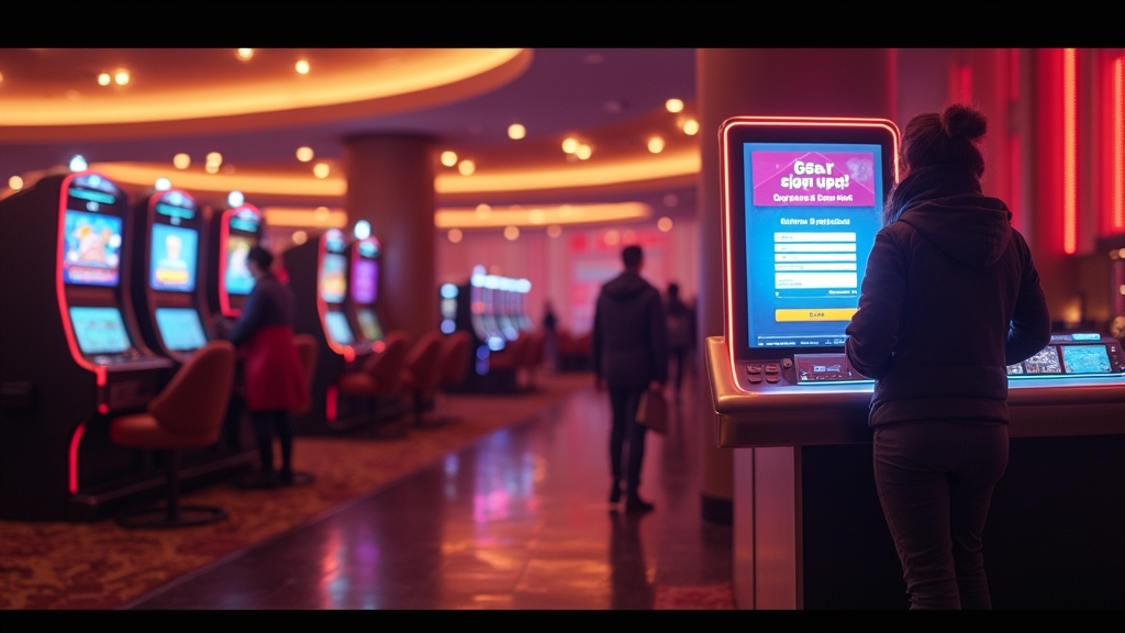 Pantalla de alta de usuario en un lobby de casino con luces neón y tonos dorados.