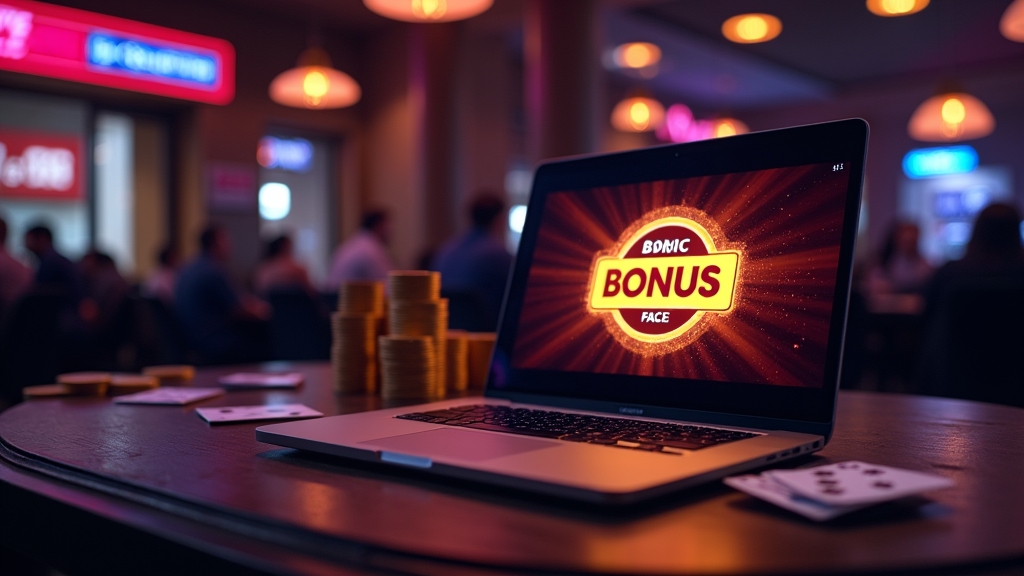 Interfaz de bono para nuevos jugadores en un casino con luces neón