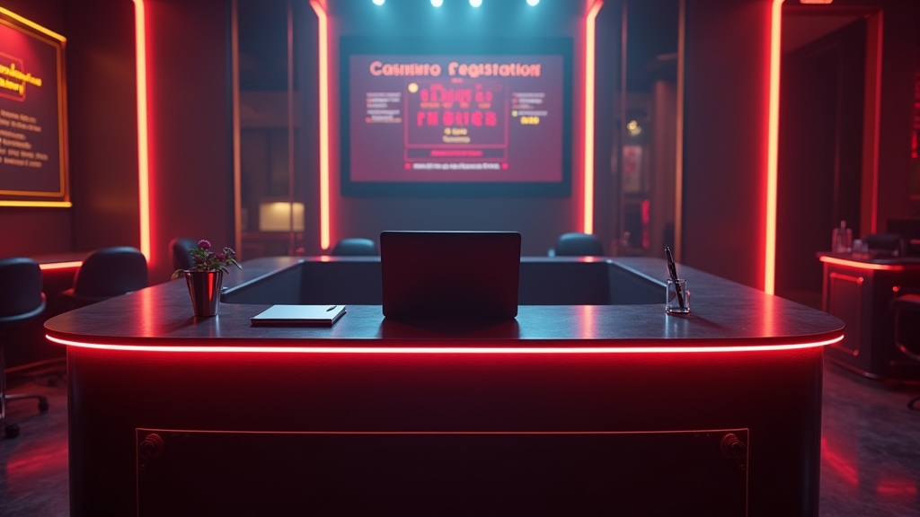 Formulario de registro junto a un cuaderno en un entorno de casino oscuro y elegante.