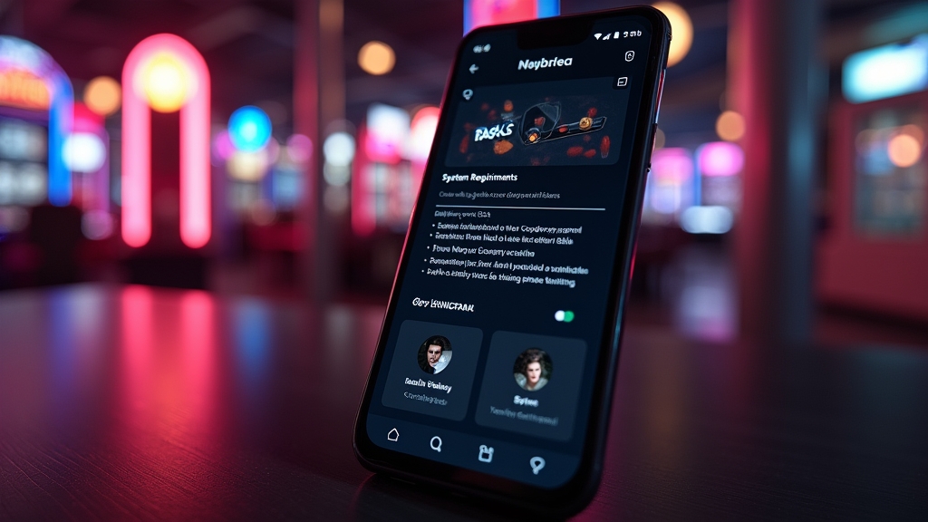 Móvil Android con requisitos de instalación de la app y fondo de casino oscuro