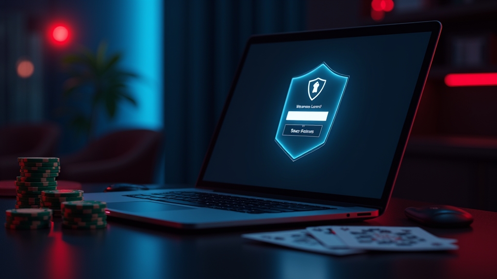 Inicio de sesión seguro en una laptop con ambiente de casino oscuro y luces neón.