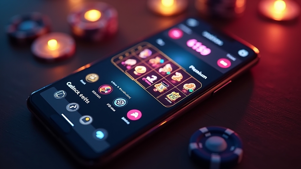Interfaz móvil de casino con menú rápido y luces neón en un teléfono